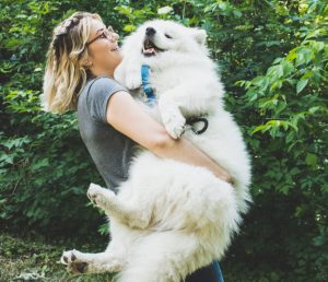 Pet sitter carrying dog in Plano TX