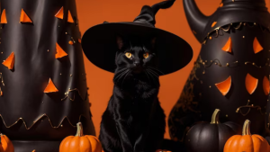 Black Cat wearing witch hat is an easy DIY pet Halloween costume