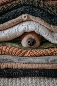 Dog pokes nose through pile of sweaters for cute fall photos